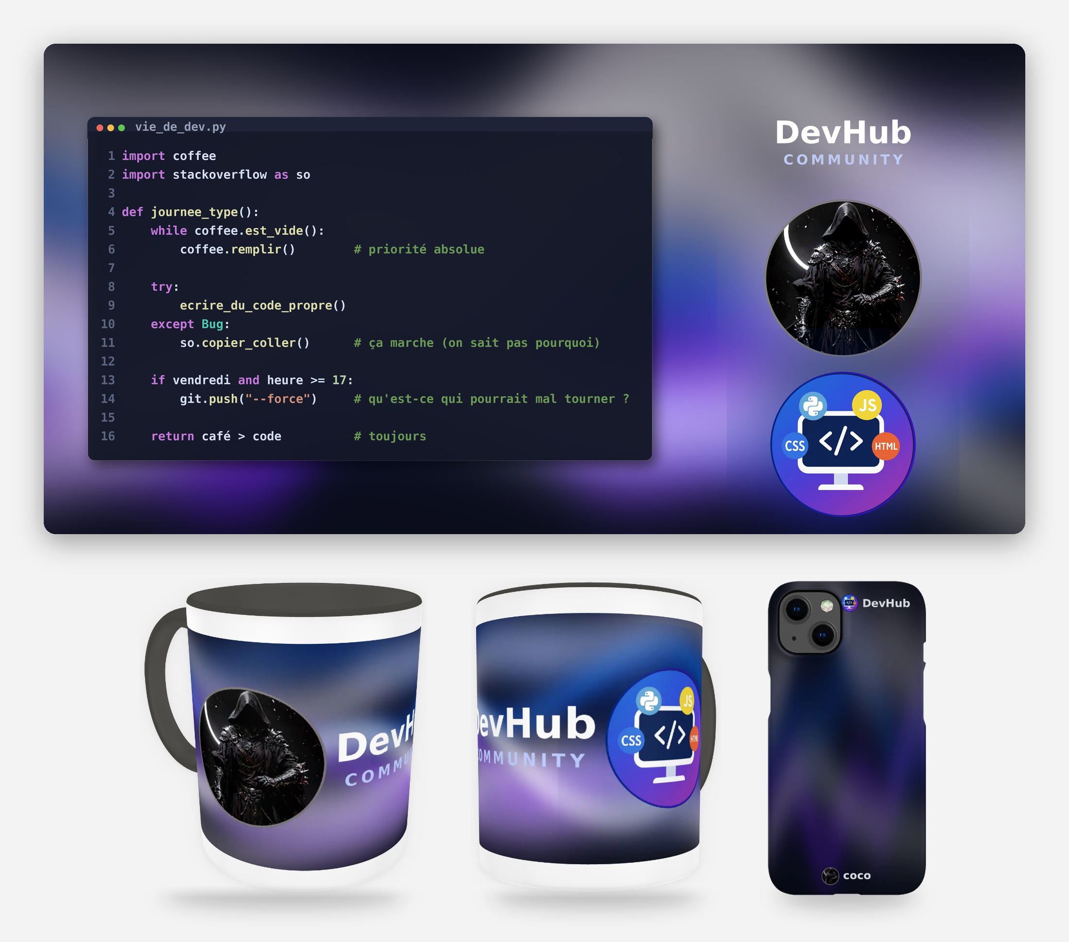 Aperçu des trois supports du goodie DevHub : tapis de bureau, mug et coque de téléphone personnalisés avec l'avatar du membre et le logo DevHub